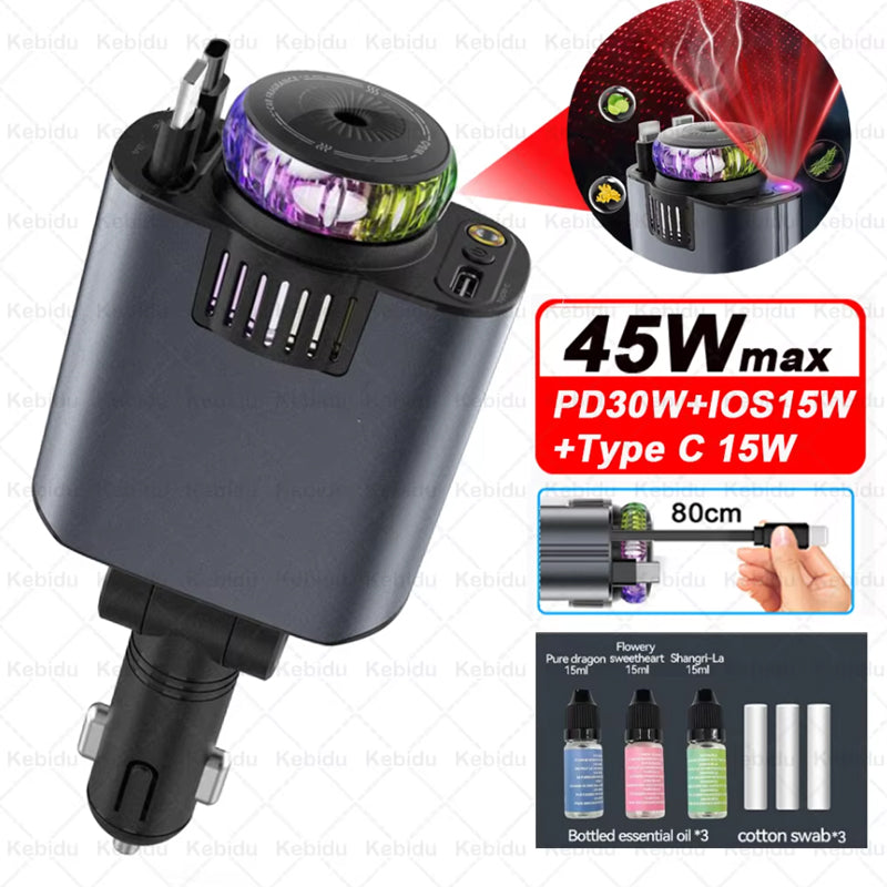 Cargador de Carro 5 en 1 PD 45W con Cables Retráctiles y Luz Estelar