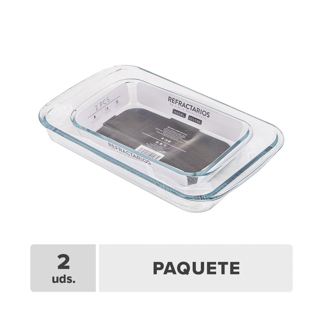 Refractario Rectangular Vidrio Borosilicato 1.6lt-3lt 2pcs