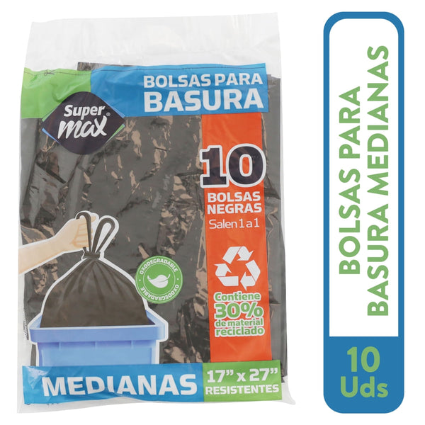 Bolsa Para Basura Supermax, Negra Con Manigueta Mediana 10 Unidades