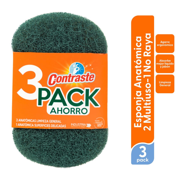 Esponja El Contraste Anatómica 2 Multiuso Y 1 No Rayas - 3 Pack