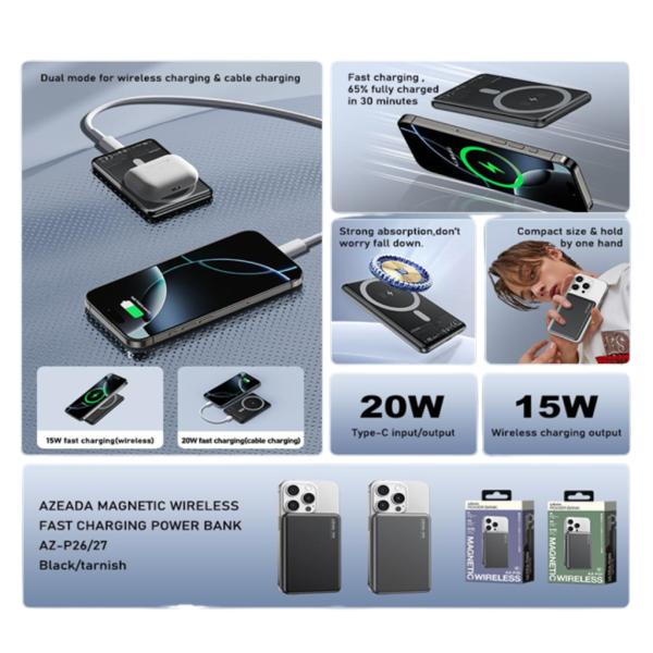 Bateria Emergencia Carga Inalambrica Magnetica 10000 Mah Modelo Az-P27 Azeada Gris