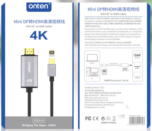 CABLE MINI DISPLAY PORT A HDMI OTN-5130B ONTEN 1,8M GRIS