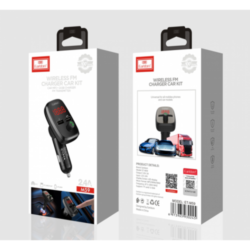 Cargador Cubo Carro Doble Usb 2.4A Con Bluethooth Y Transmisor Fm Et-M59 Earldom Negro