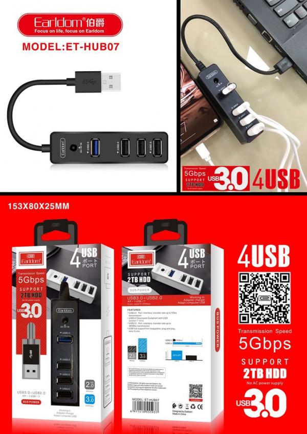 Hub USB0 3.0 A 1 Usb 3.0+3 Usb 2.0 ET-HUB07 Earldom Negro