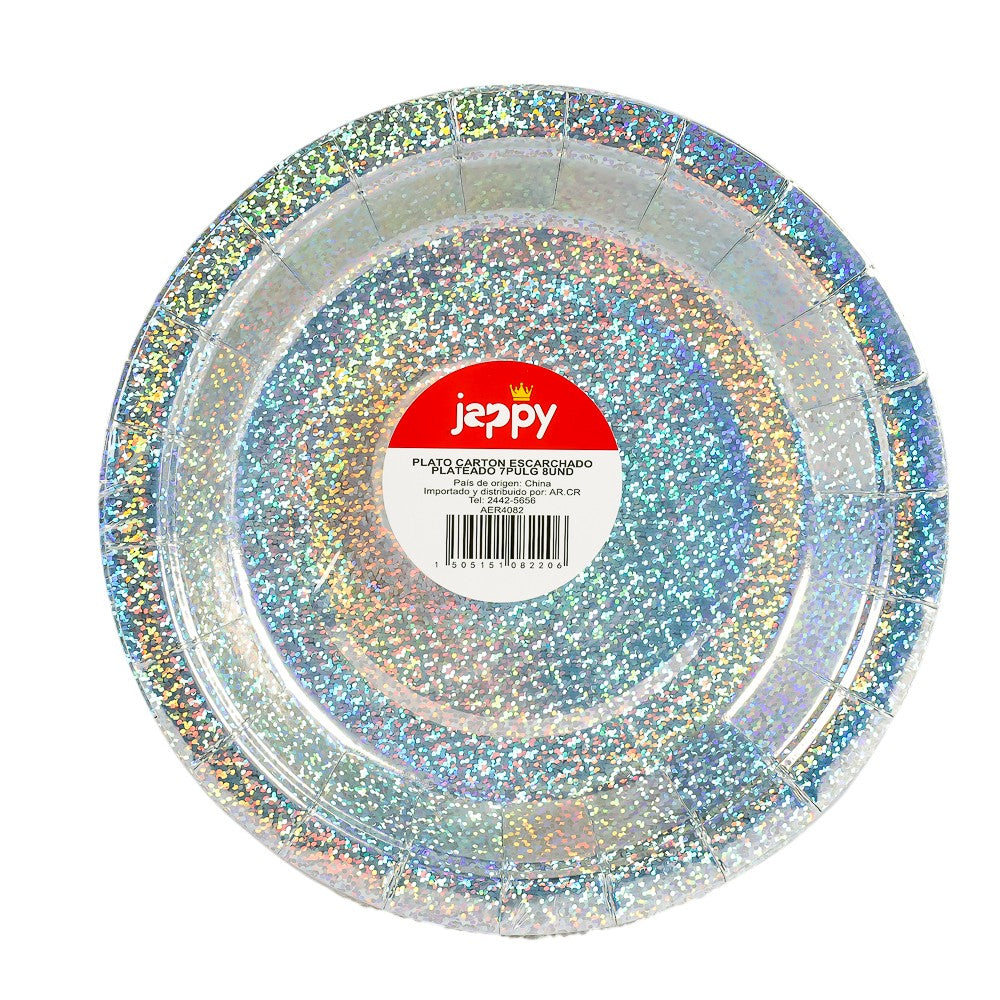 Plato Cartón Escarchado 7pulg 8und Plateado