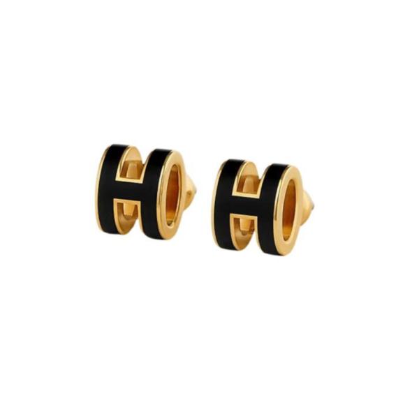 Aretes De Acero Dorado Hermes Diseño H Negro