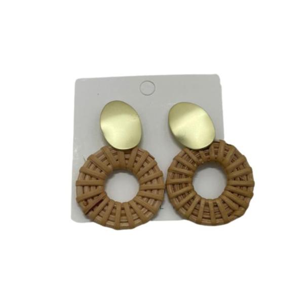 Aretes Mimbre Diseño Circulo Beige/Dorado