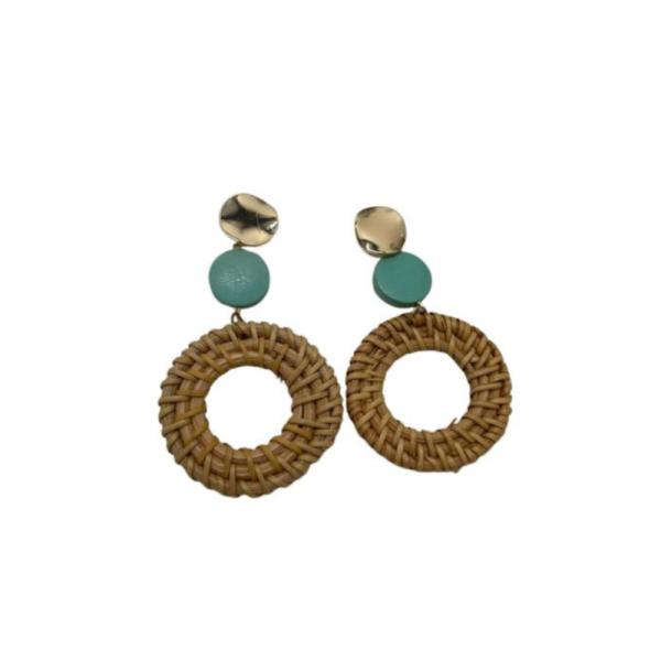 Aretes Mimbre Diseño Circulo Beige/Turquesa
