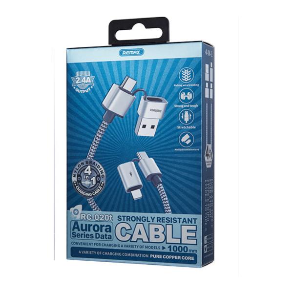 CABLE USB LIGHTNING TIPO C RC-020T 4EN1 AURORA REMAX PLATEADO