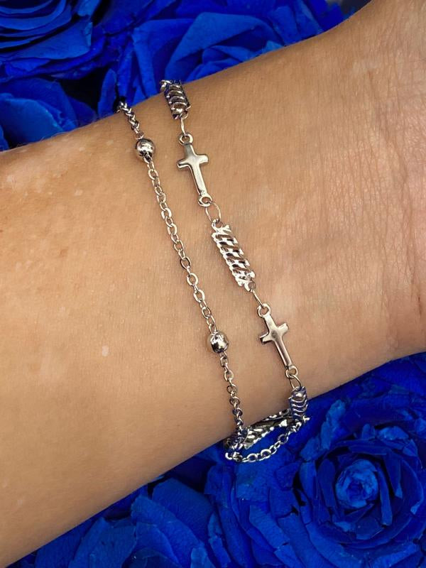 Pulsera De Acero Doble Plateada Cruces