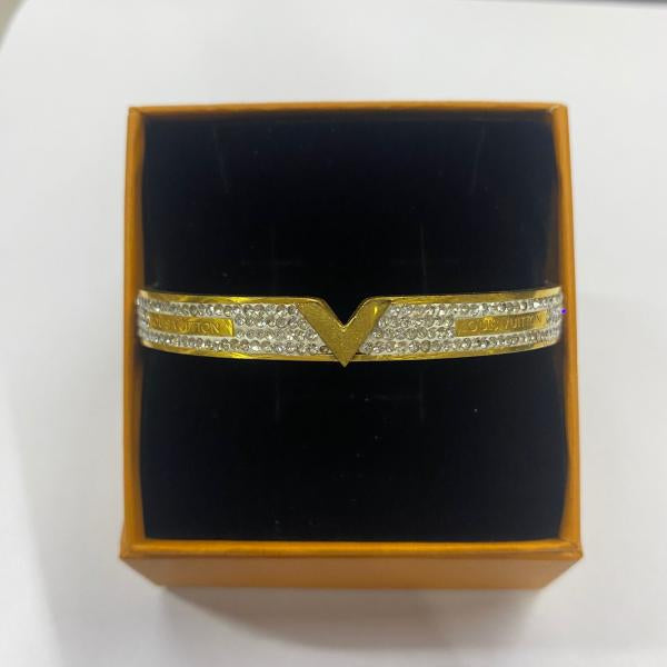 Pulsera De Acero Rigida Louis Vuitton Diseño Lv/V Perlas Dorado