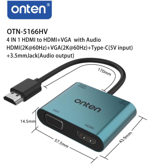 ADAPTADOR HDMI MACHO A HDMI HEMBRA VGA HEMBRA CON AUDIO 3.5 MM OT-5166HV ONTEN