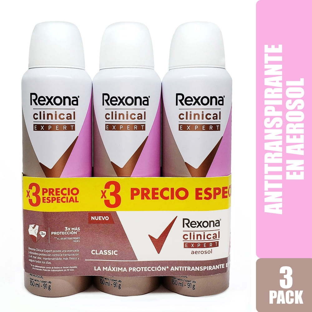 Desodorante Rexona Clinical Dama Expert Classic Aerosol 3 Pack - 150 Ml