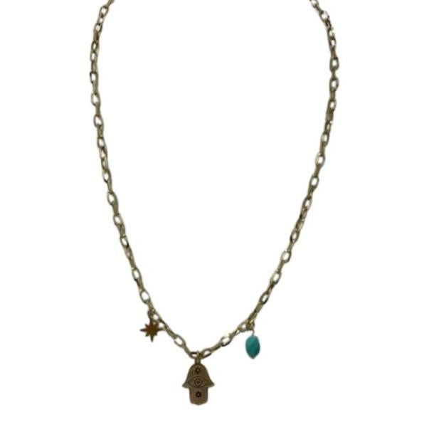 COLLAR DE ACERO DISEÑO MANO DE FATIMA DORADO