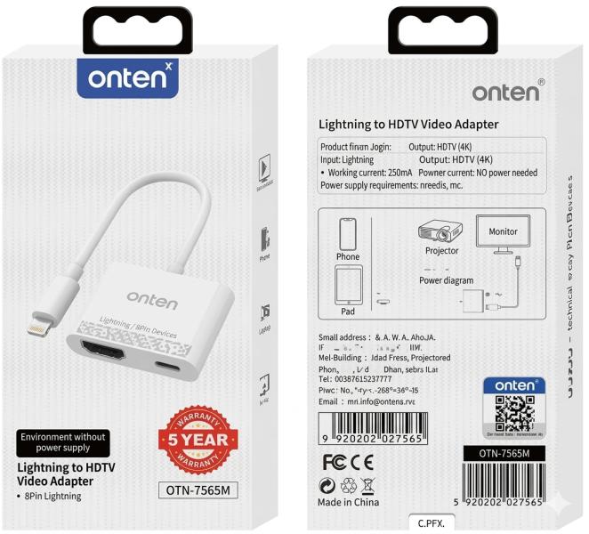 Onten Adaptador De Video Usb Lightning Macho A Hdmi Usb