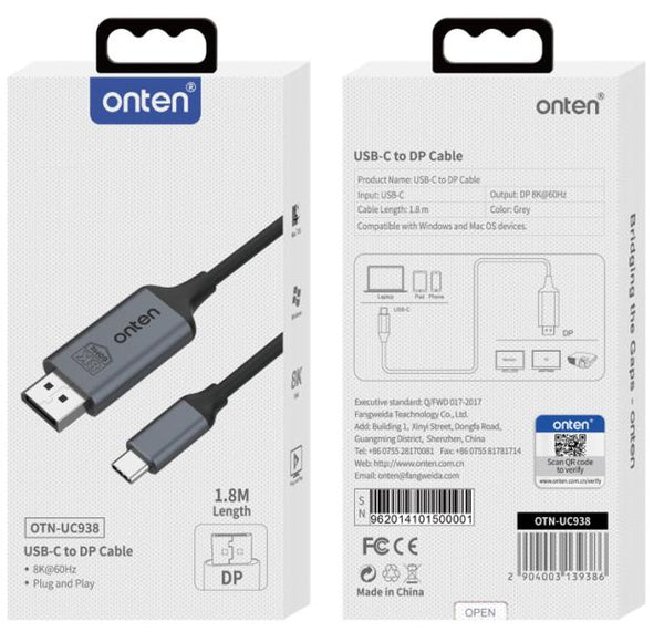 Cable Usb Tipo C A Display Port Con Convertidor De Video Uc938 Onten 1.8M Negro