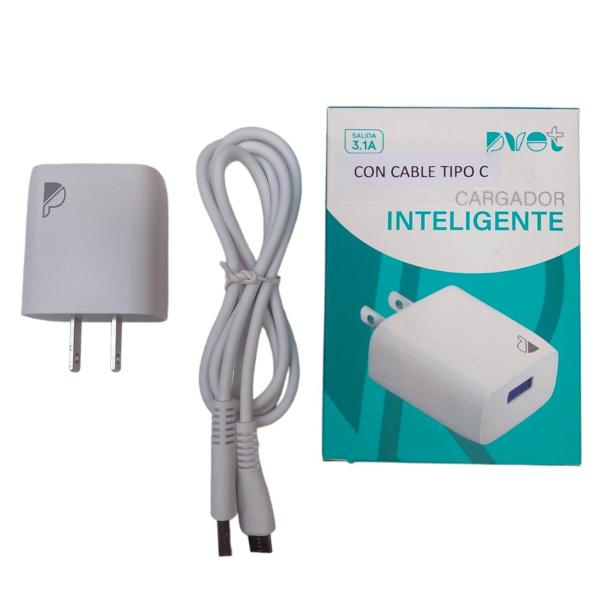Cargador Cubo Casa Liso 3.1A Usb Pvot Con Cable Tipo C