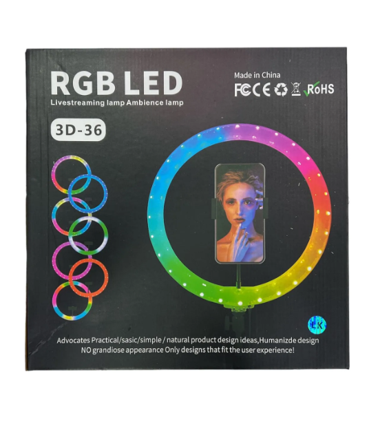 ARO DE LUZ Transparente 36 CM DE Colores RGB CON Holder Para Tripode CON Control Y Conector USB Tamaño Leds Rabi 3D-36+ Tripode DE 2.1 MTS