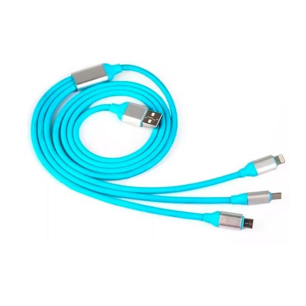 Cables Usb Micro V8 Y Iphone Lightning Y Tipo-C 3 En 1 Celeste Liso