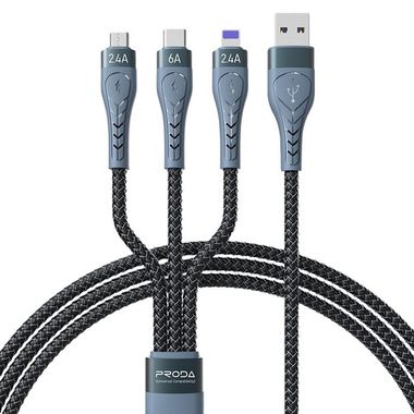 Cable Mutiplataforma Usb/ Lightning /Micro/Tipo C 3 En 1 Modelo Pd-B74Th Proda Gris