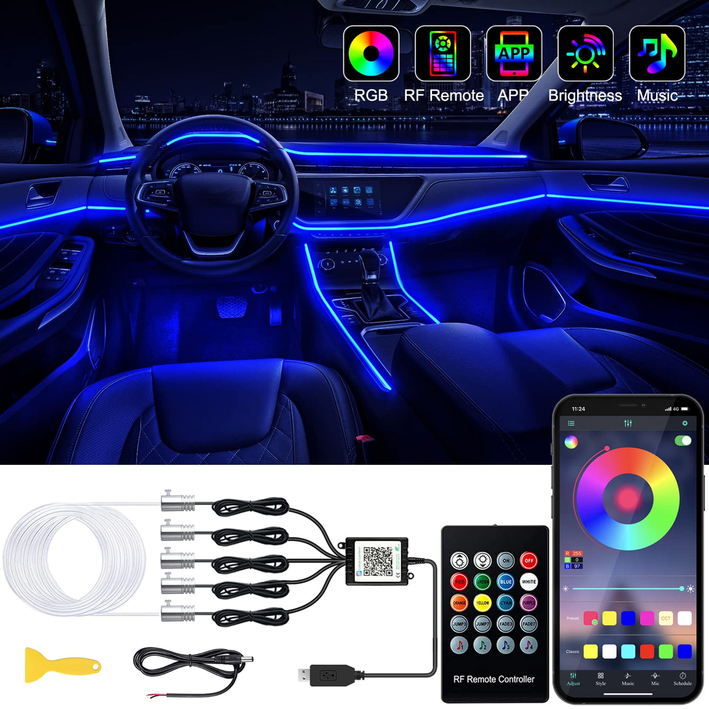 Tira LED RGB Flexible para Auto (Multicolor, App)