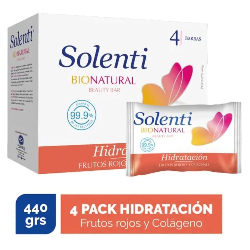 Jabón De Tocador Solenti Bionatural Frutos Rojos Y Colágeno 4 Pack - 440 G