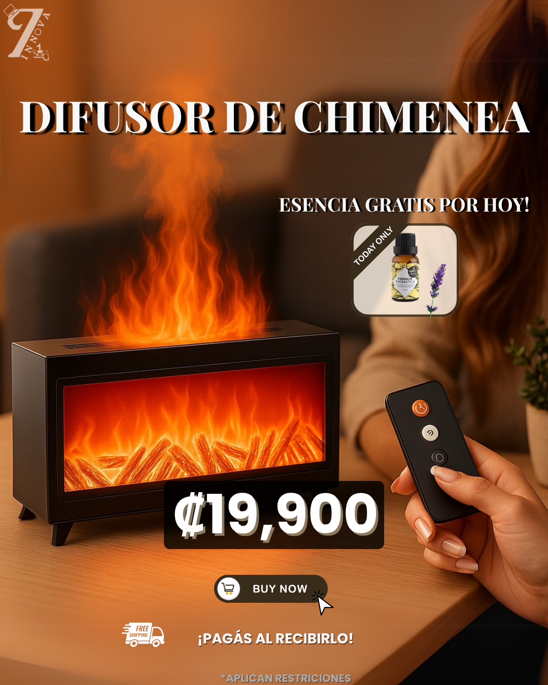 Difusor de Chimenea con Luz LED, Aromaterapia y Control Remoto