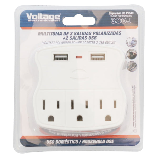 Enchufe Multiple Voltage De 3 Salidas Y 2 Puertos USB