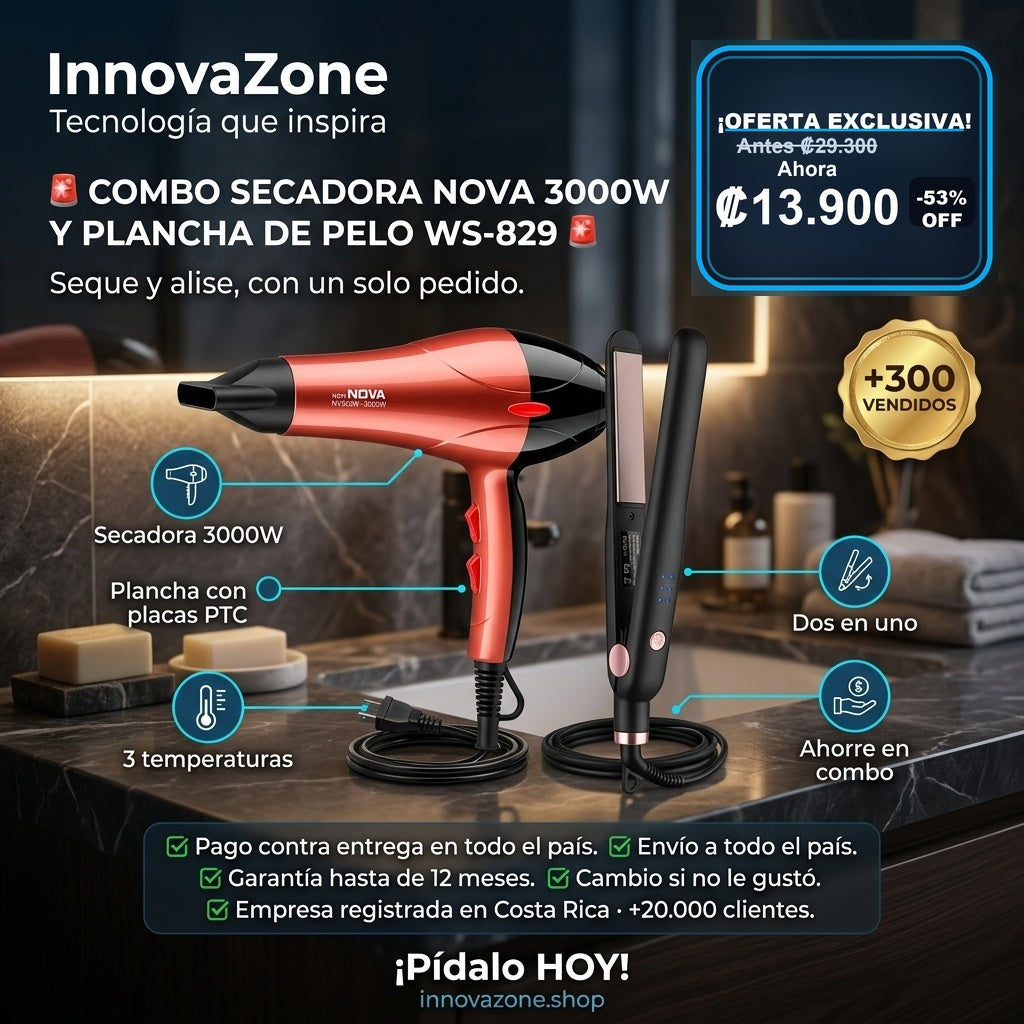 Combo Secadora NOVA 3000W y Plancha de Pelo WS-829