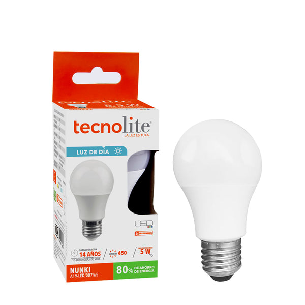 Bombillo Tecnolite LED A19 5w100-240v6500ke27450lm