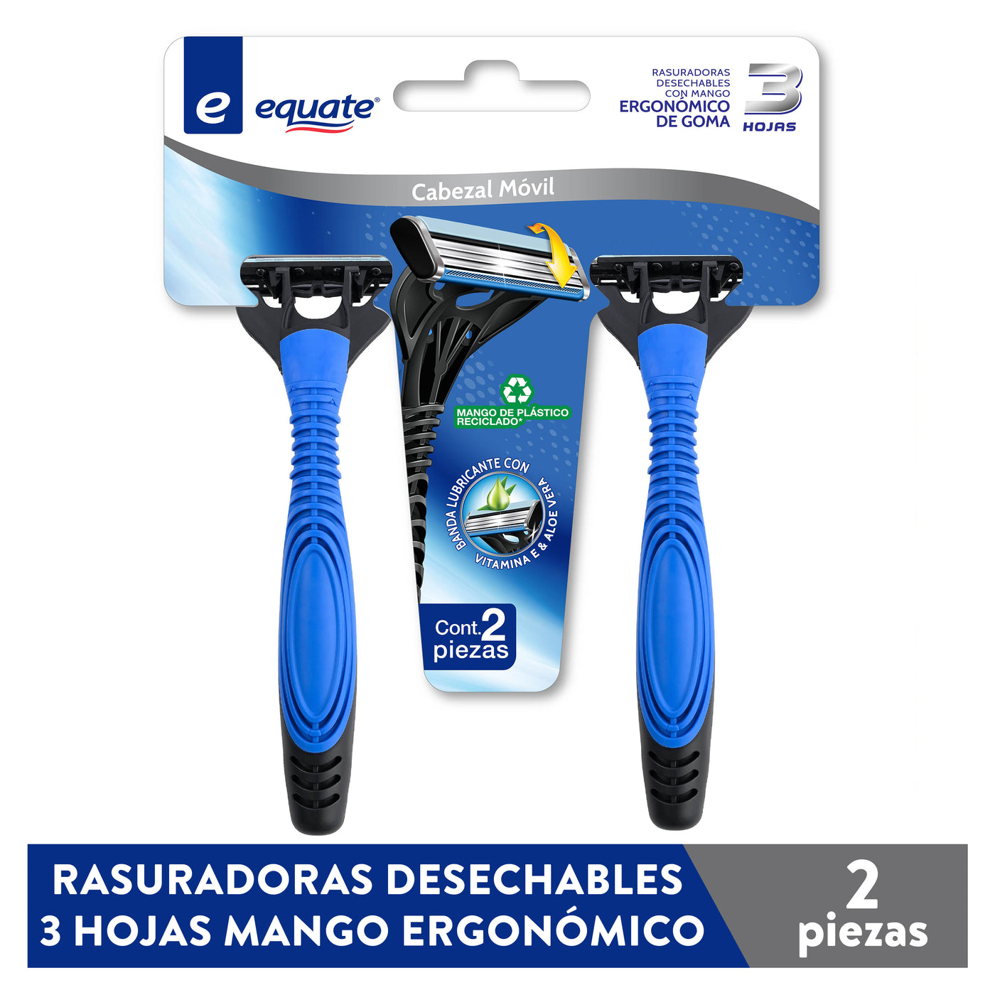Rasuradoras Desechables Equate 3 Hojas Mango Ergonómico De Goma - 2pzas