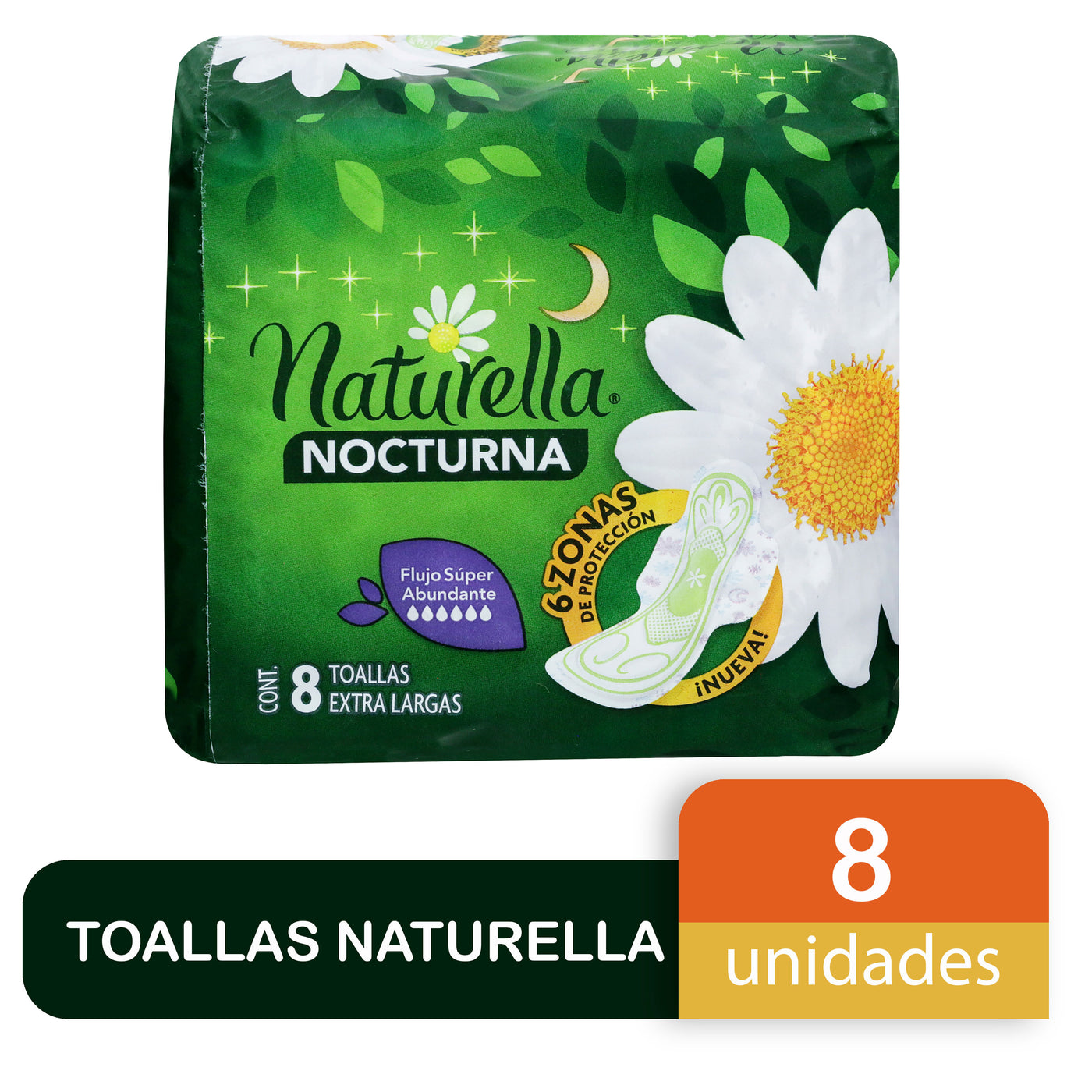 Toallas Femeninas Naturella Nocturna Extra Largas, Flujo Súper Abundante - 8 Uds