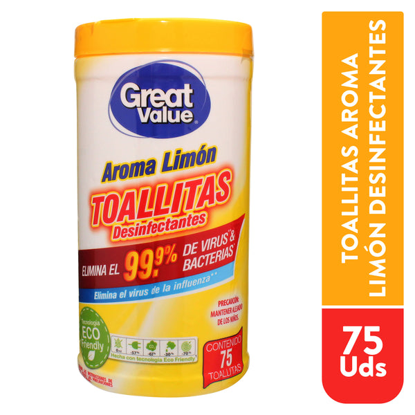 Toallitas Great Value Desinfectantes Aroma Limón - 75 Uds