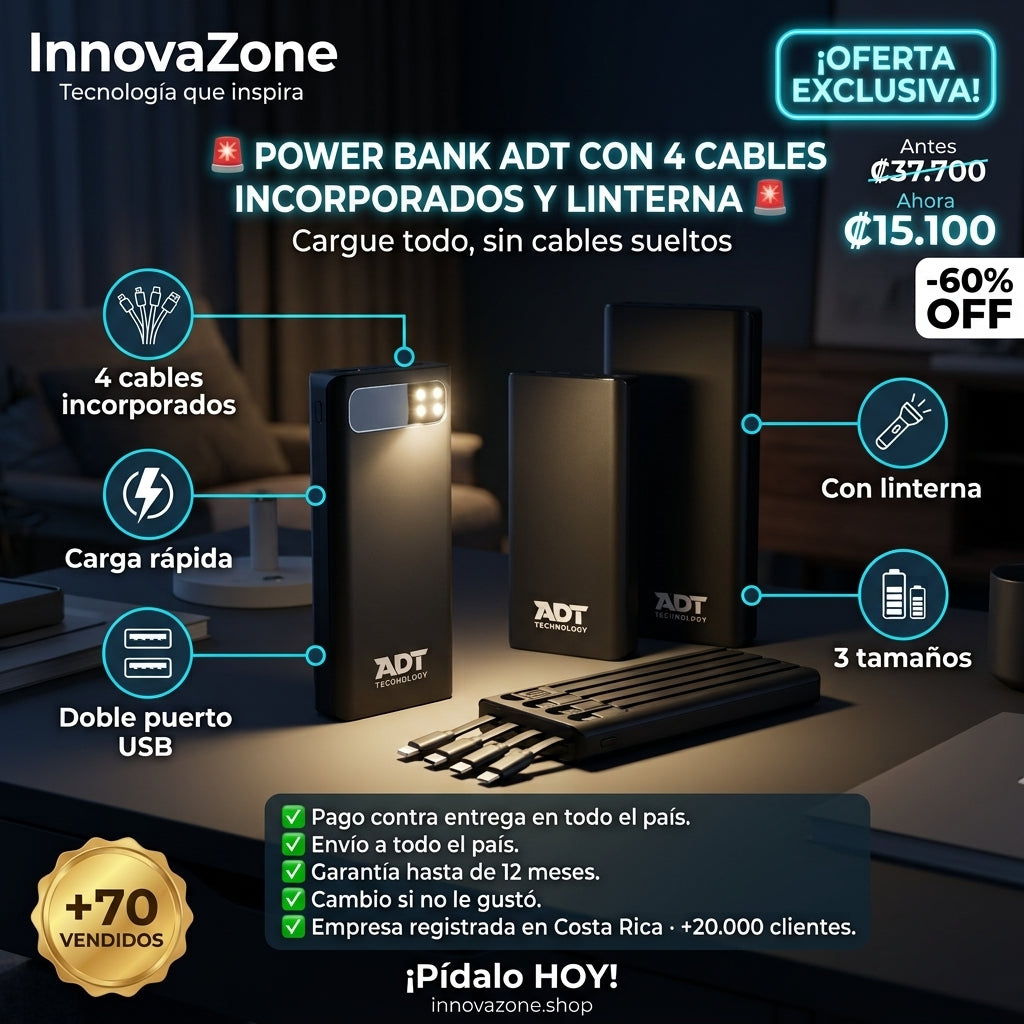 Power Bank ADT con 4 Cables Incorporados y Linterna - oferta