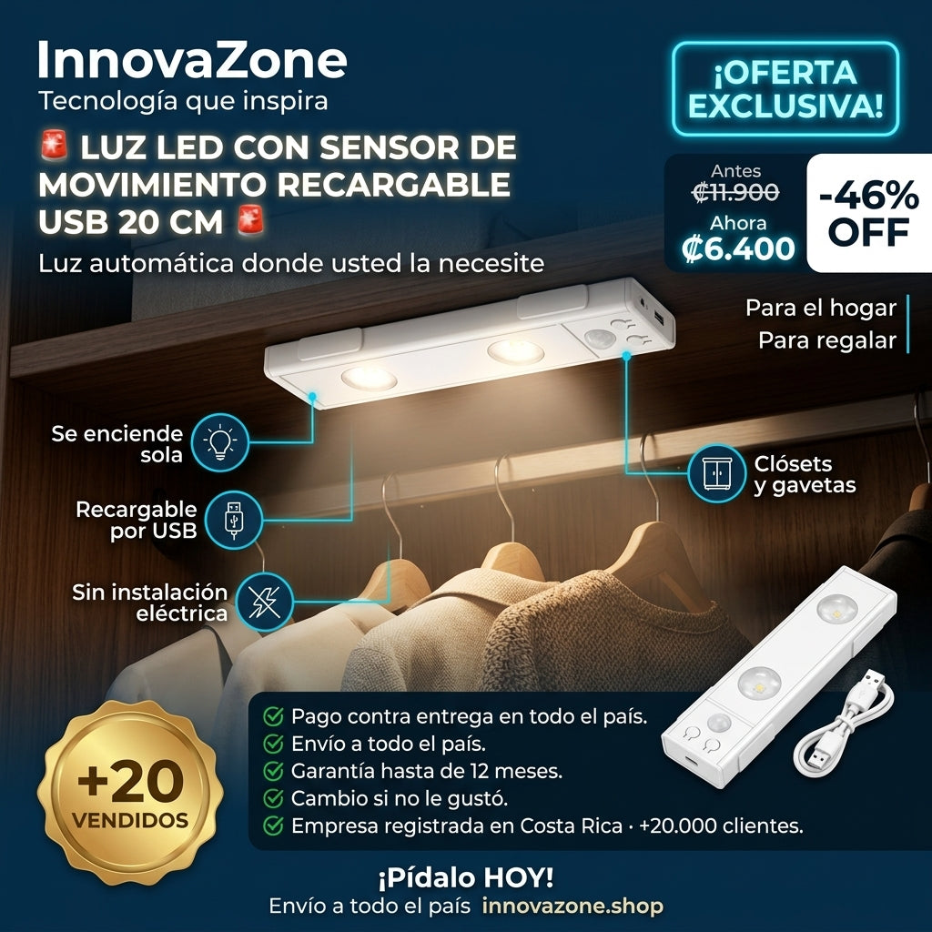 Luz LED con sensor de movimiento recargable USB 20 cm - oferta