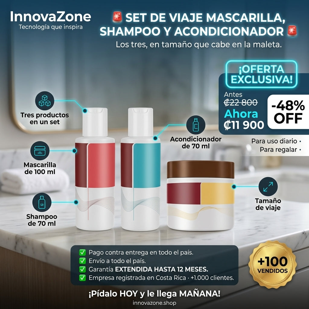 Set de viaje: mascarilla de 100 ml, shampoo y acondicionador de 70 ml