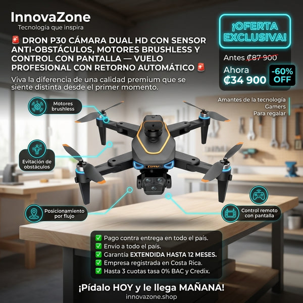 Dron P30 Cámara Dual HD con Sensor Anti-Obstáculos, Motores Brushless y Control con Pantalla - oferta