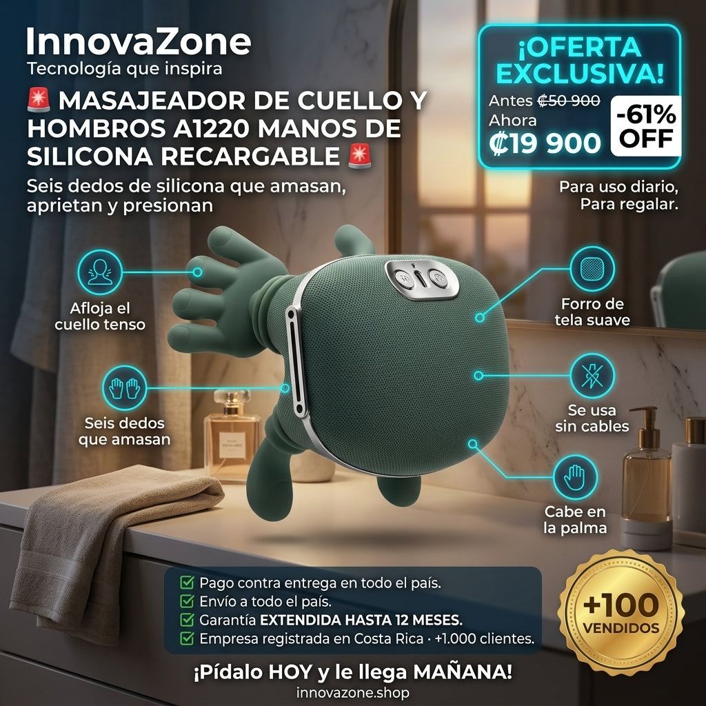 💆 Masajeador de Cuello y Hombros A1220 · Manos de Silicona Recargable