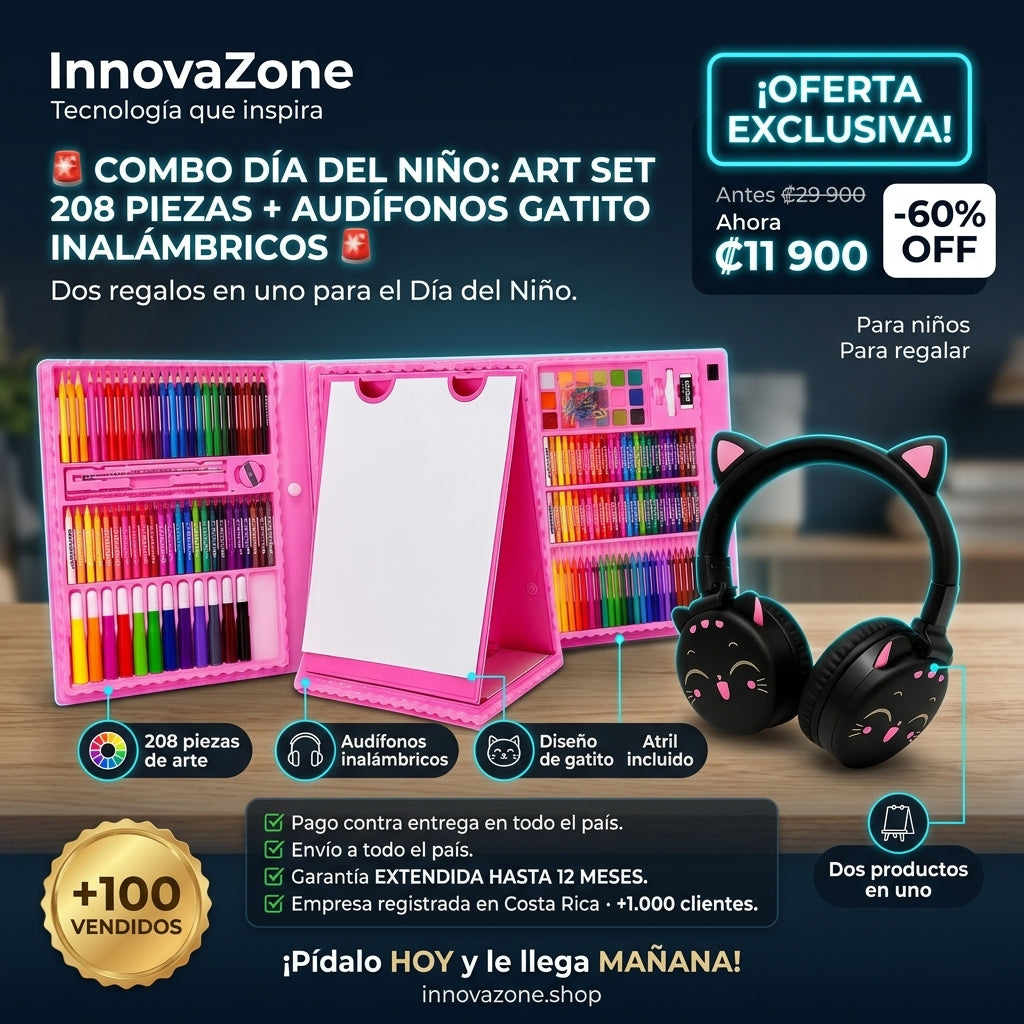 Combo Día del Niño: Art Set 208 Piezas + Audífonos Gatito Inalámbricos