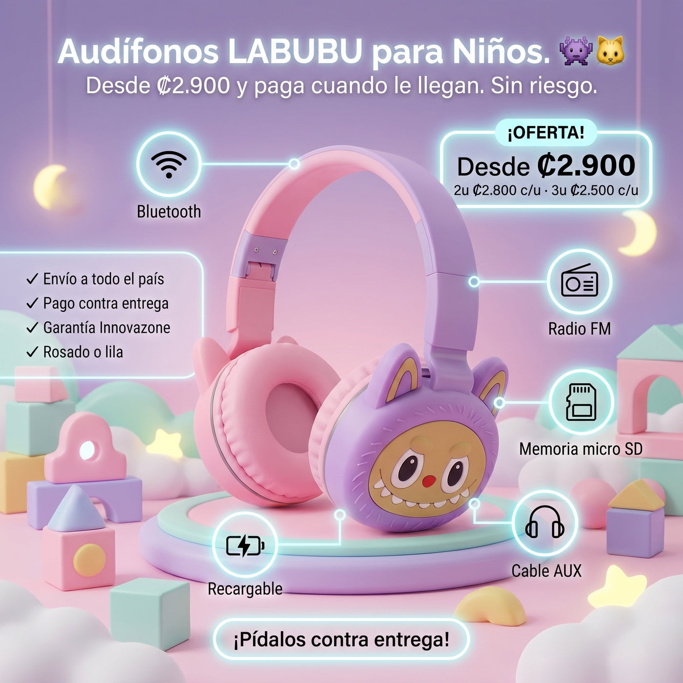 Audifonos LABUBU para Niños — Bluetooth + Radio FM + Micro SD