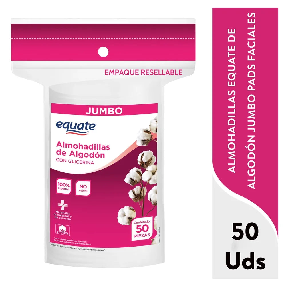 Almohadillas Equate De Algodón Jumbo Pads Faciales - 50 Uds