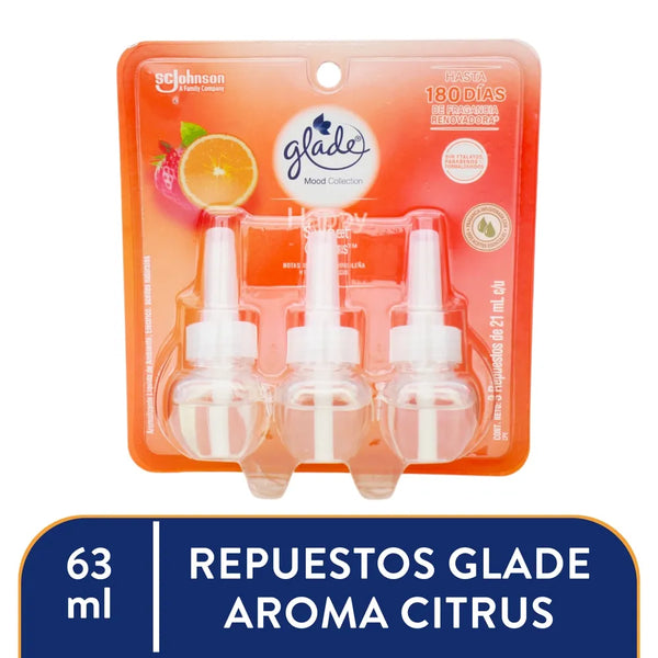 Aromatizante Glade Aceites Naturales Happy Sweet Citrus 3 Repuestos De 21ml C/u