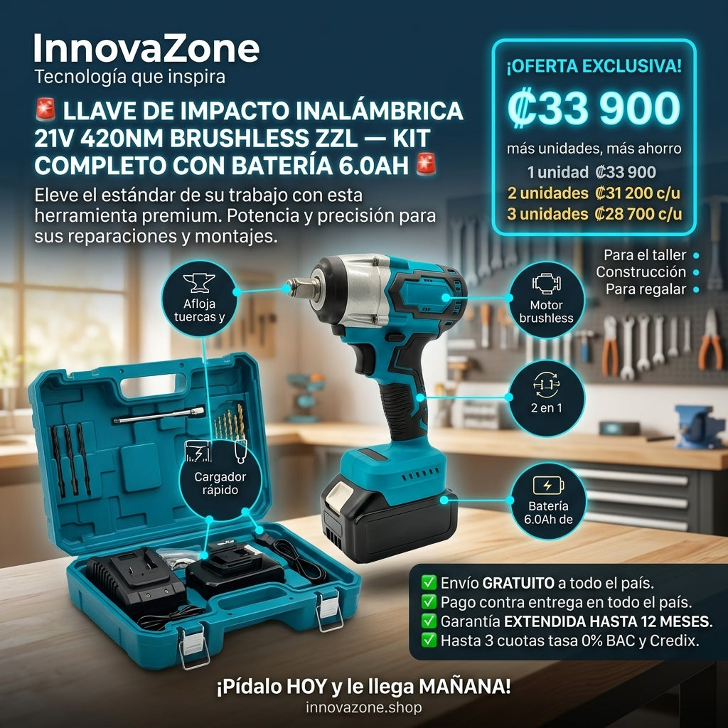Llave de Impacto Inalámbrica 21V 420Nm Brushless ZZL — Kit con Batería 6.0Ah, Cargador, Dados y Brocas en Maletín - oferta