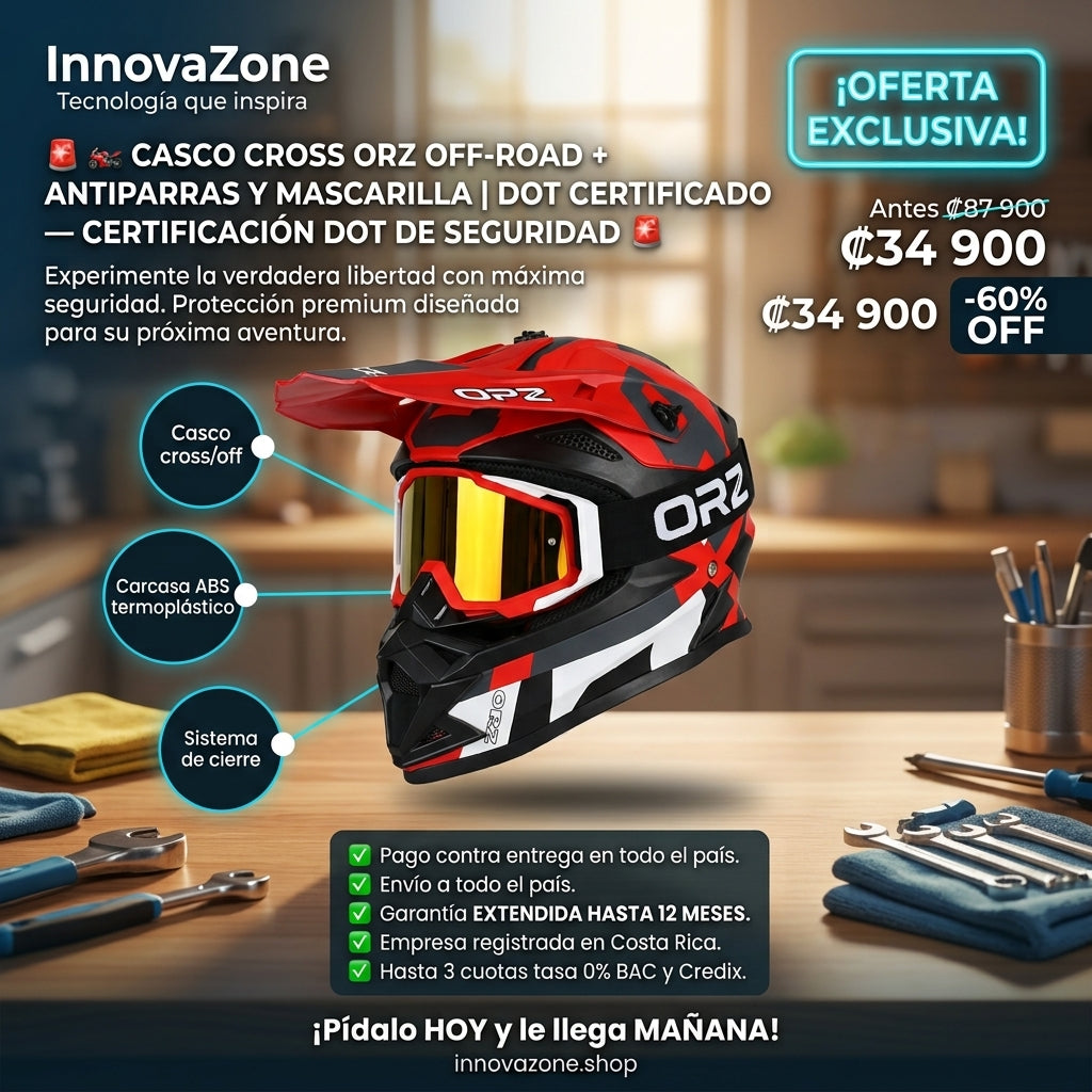 🏍️ Casco Cross ORZ Off-Road + Antiparras y Mascarilla | DOT Certificado - oferta