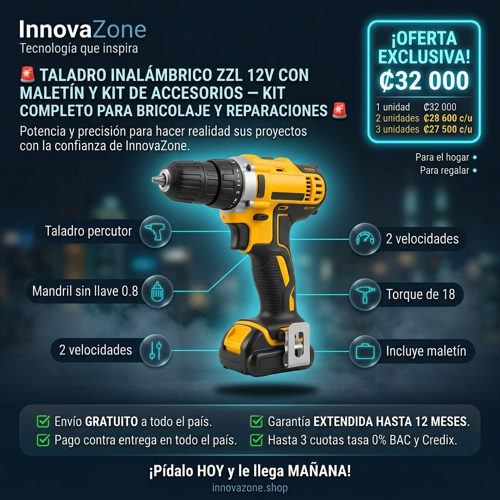 Taladro Inalámbrico ZZL 12V con Maletín y Kit de Accesorios - oferta