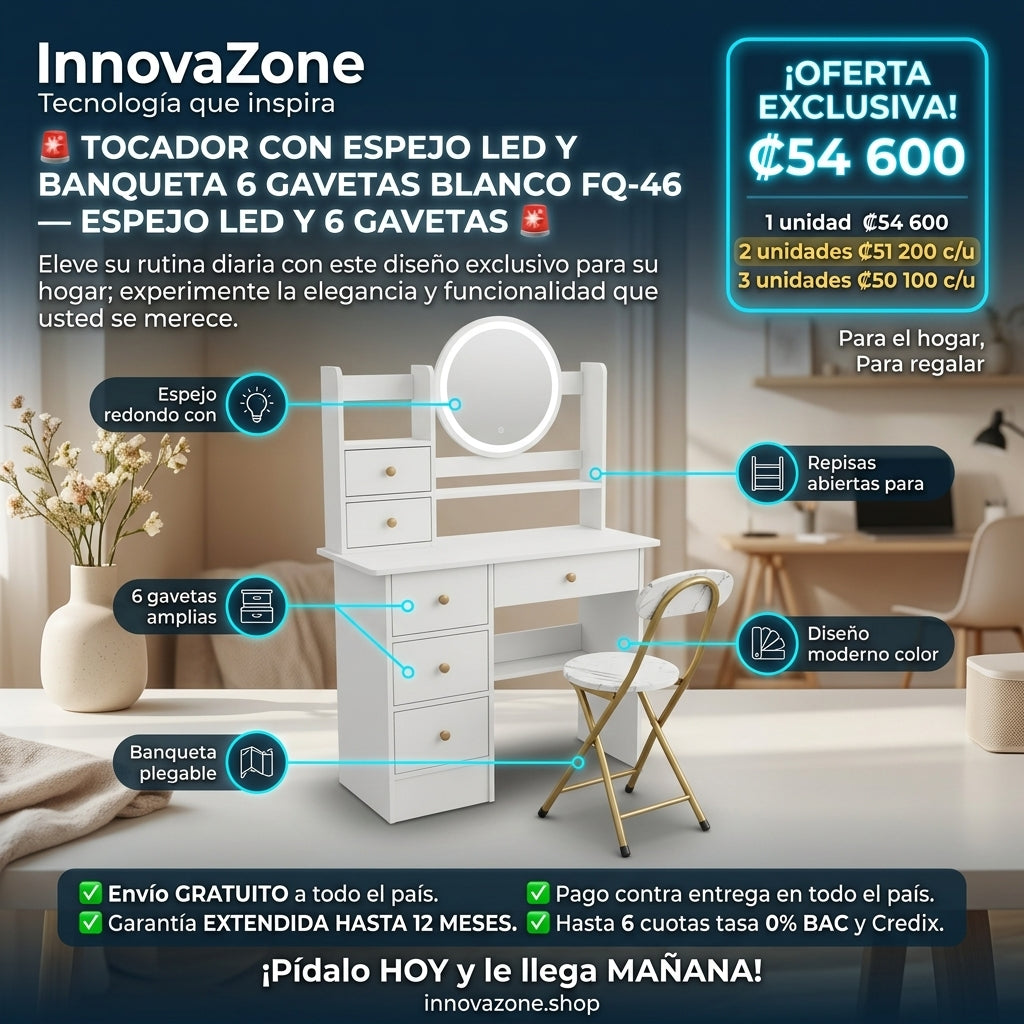 Tocador con Espejo LED y Banqueta 6 Gavetas Blanco FQ-46 - oferta