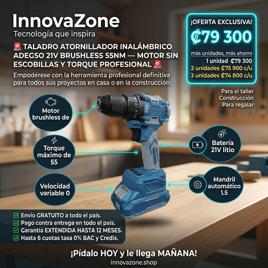 Taladro Atornillador Inalambrico ADEGSO 21V Brushless 55Nm - oferta