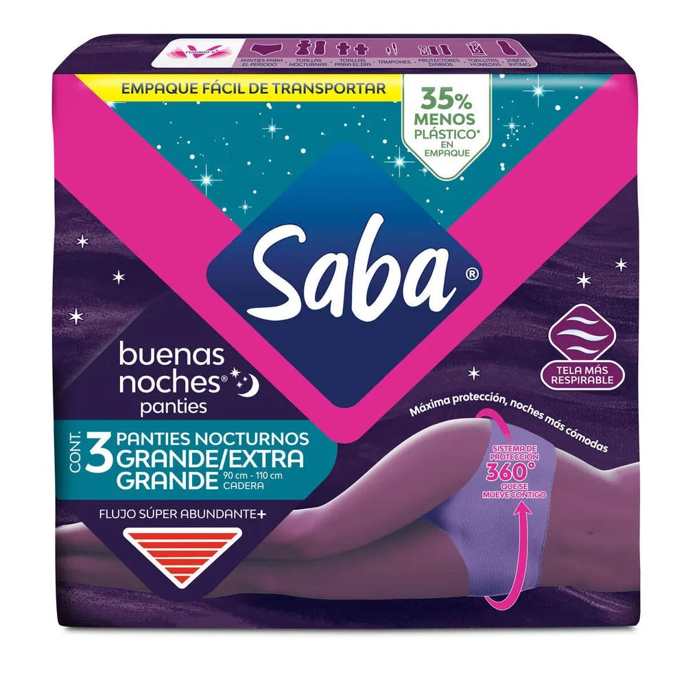 Panties Saba Buenas Noches Flujo Super Abundante Talla Grande A Extra Grande - 3 Piezas