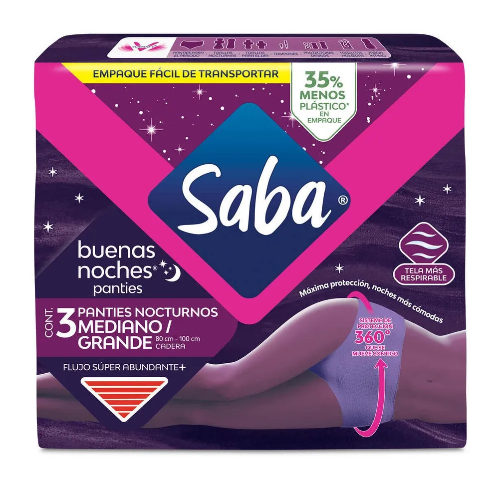 Panties Saba Buenas Noches Talla Mediano Flujo Super Abundante Talla Mediana A Grande - 3 Piezas