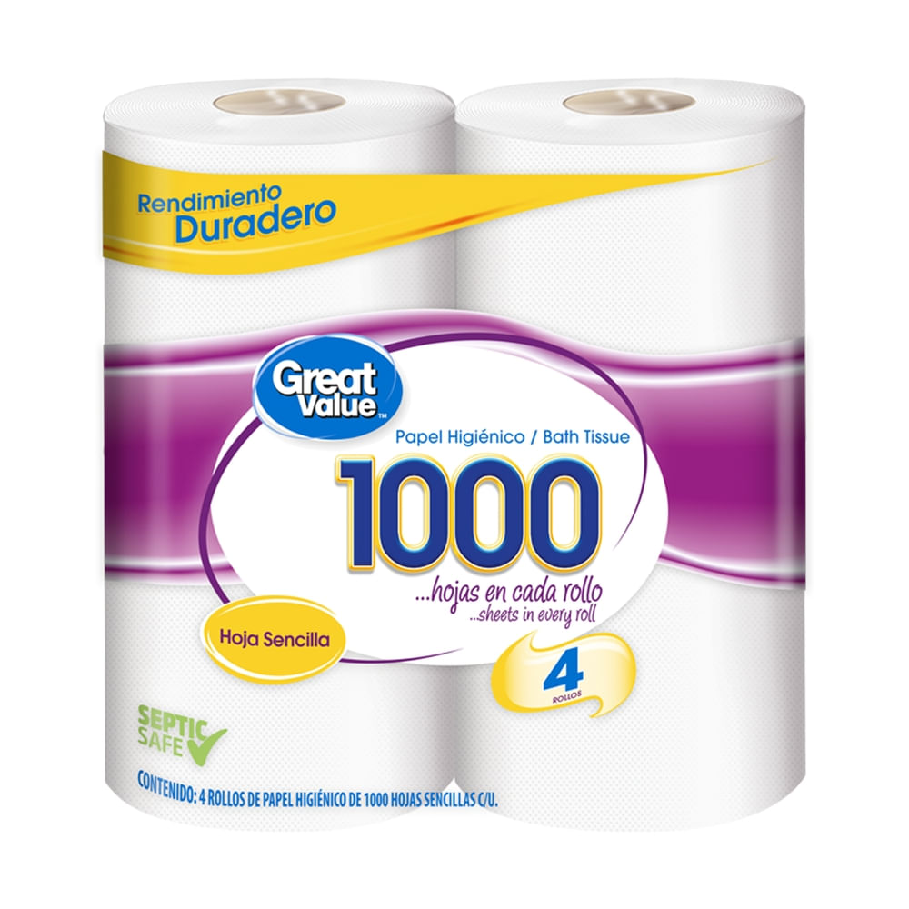 Papel Higiénico Great Value 1000 Hojas Sencillas - 4 Rollos